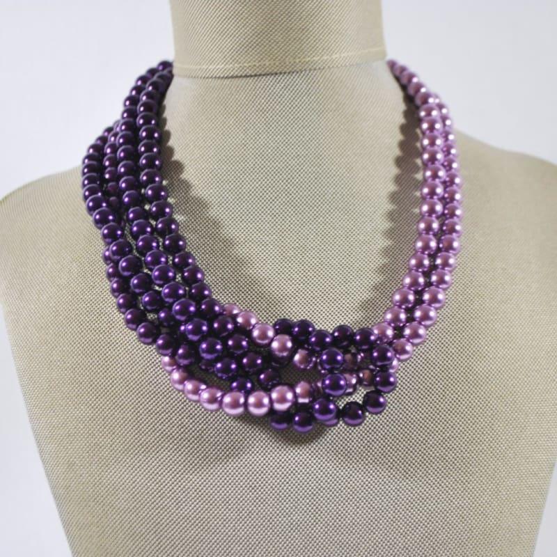 Purple And Lavender Glass Pearls Inter Loop Beaded Necklace. - Handmade