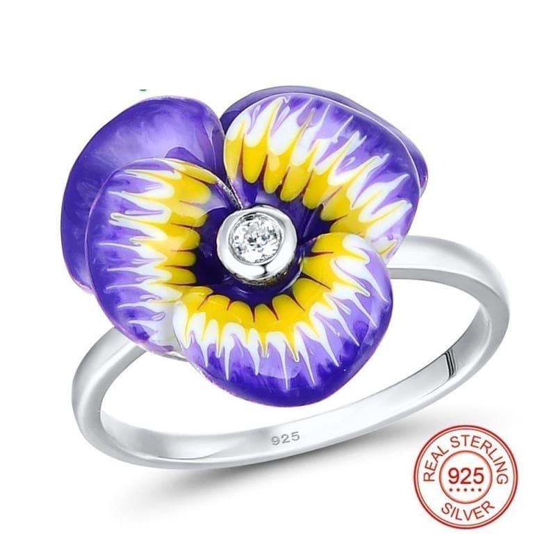Purple and Yellow Flower CZ Stone Ring Earrings Pendent Necklace 925 Sterling Silver Women Jewelry Set - jewelry set