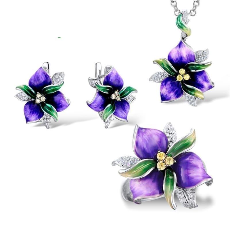Purple Flower CZ Stones Ring Earrings Pendent 925 Sterling Silver Women Jewelry Set - 6.5 - Jewelry Set