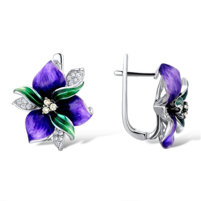 Purple Flower CZ Stones Ring Earrings Pendent 925 Sterling Silver Women Jewelry Set - Jewelry Set