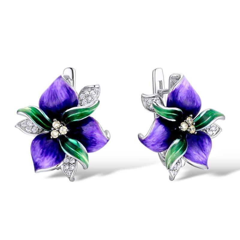 Purple Flower CZ Stones Ring Earrings Pendent 925 Sterling Silver Women Jewelry Set - Jewelry Set