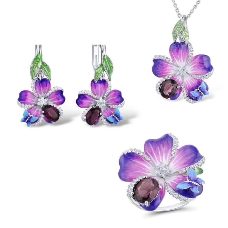 Purple Flower Pendant Ring Set 925 Sterling Silver Chic Fashion Jewelry HANDMADE Enamel Jewelry Set - 5.5 - jewelry set