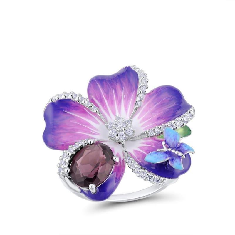 Purple Flower Pendant Ring Set 925 Sterling Silver Chic Fashion Jewelry HANDMADE Enamel Jewelry Set - jewelry set