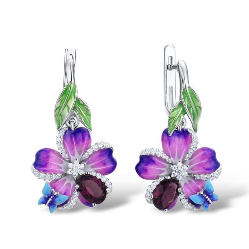 Purple Flower Pendant Ring Set 925 Sterling Silver Chic Fashion Jewelry HANDMADE Enamel Jewelry Set - jewelry set