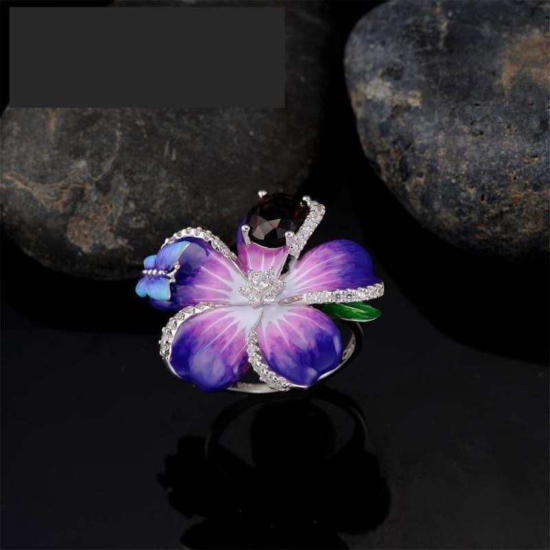 Purple Flower Pendant Ring Set 925 Sterling Silver Chic Fashion Jewelry HANDMADE Enamel Jewelry Set - jewelry set