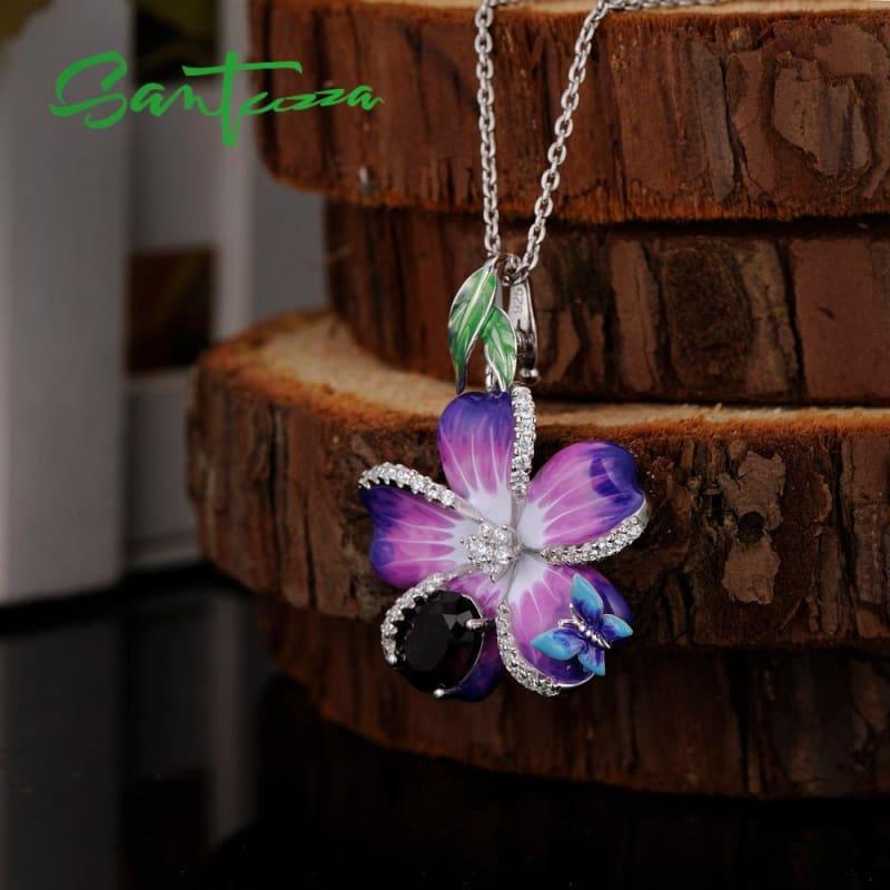 Purple Flower Pendant Ring Set 925 Sterling Silver Chic Fashion Jewelry HANDMADE Enamel Jewelry Set - jewelry set