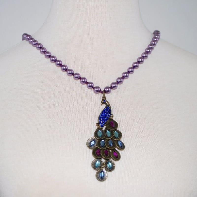 Purple Peacock Pendant Glass Pearls Necklace - Handmade