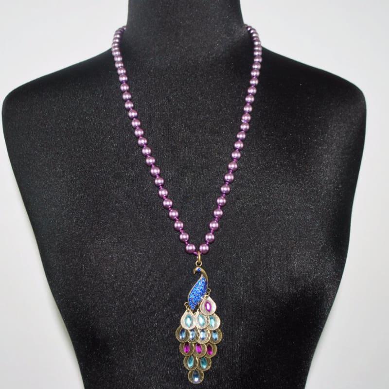Purple Peacock Pendant Glass Pearls Necklace - Handmade