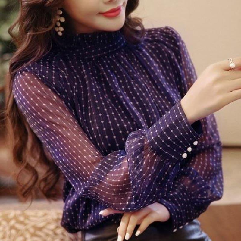 Purple See Through Embroidery Stripped Button Lantern Sleeve Top - As Picture / L - Long Sleeve