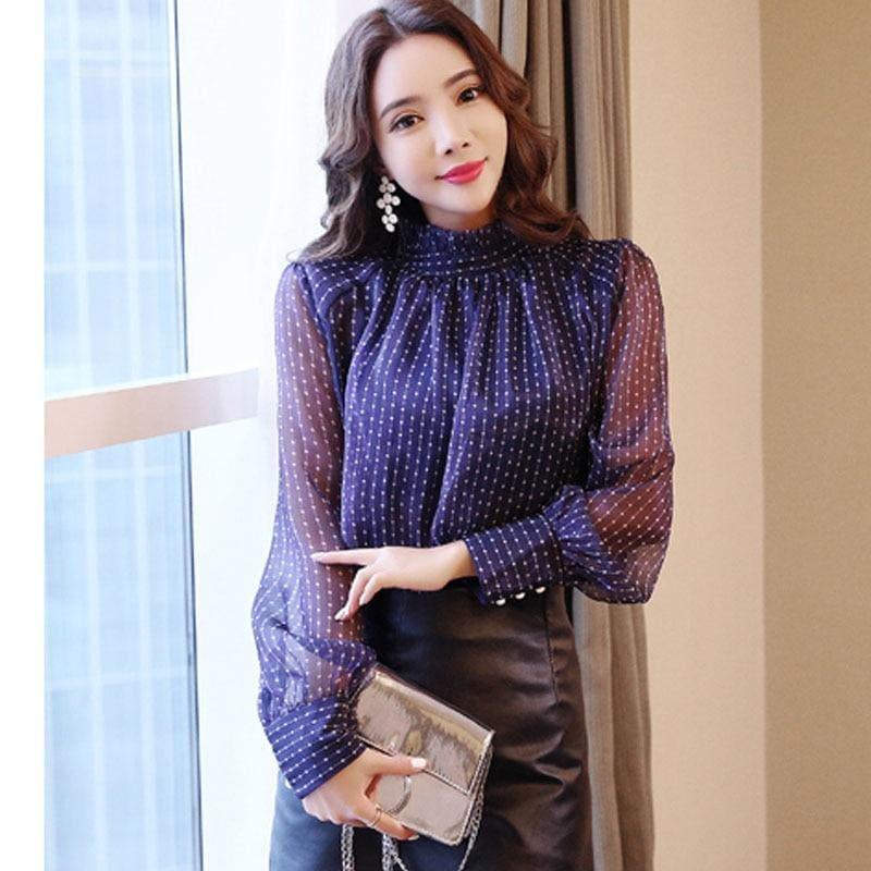 Purple See Through Embroidery Stripped Button Lantern Sleeve Top - Long Sleeve