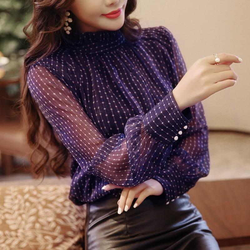 Purple See Through Embroidery Stripped Button Lantern Sleeve Top - Long Sleeve