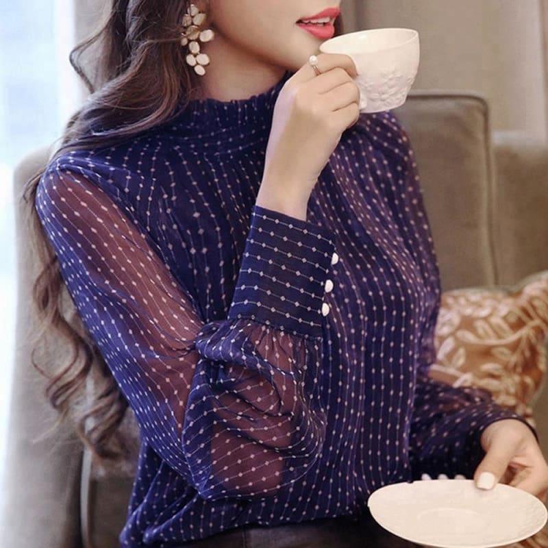 Purple See Through Embroidery Stripped Button Lantern Sleeve Top - Long Sleeve