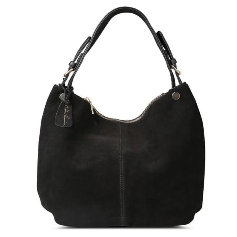 Real Split Suede Leather Hobo Bag Leisure Large Shoulder Handbag - Black - HandBag