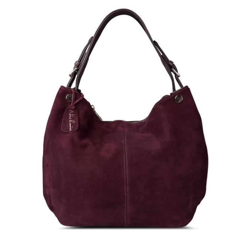 Real Split Suede Leather Hobo Bag Leisure Large Shoulder Handbag - Dark Purple - HandBag