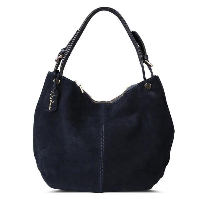 Real Split Suede Leather Hobo Bag Leisure Large Shoulder Handbag - Navy blue - HandBag
