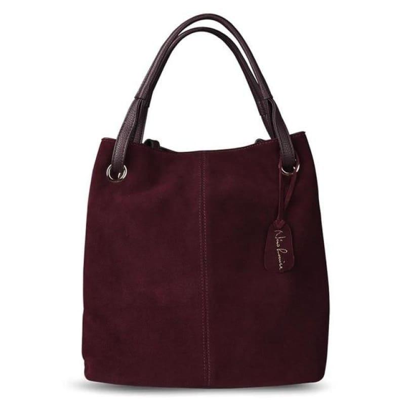 Real Split Suede Leather Leisure Large Top-handle Tote Handbag - Dark Purple - HandBag