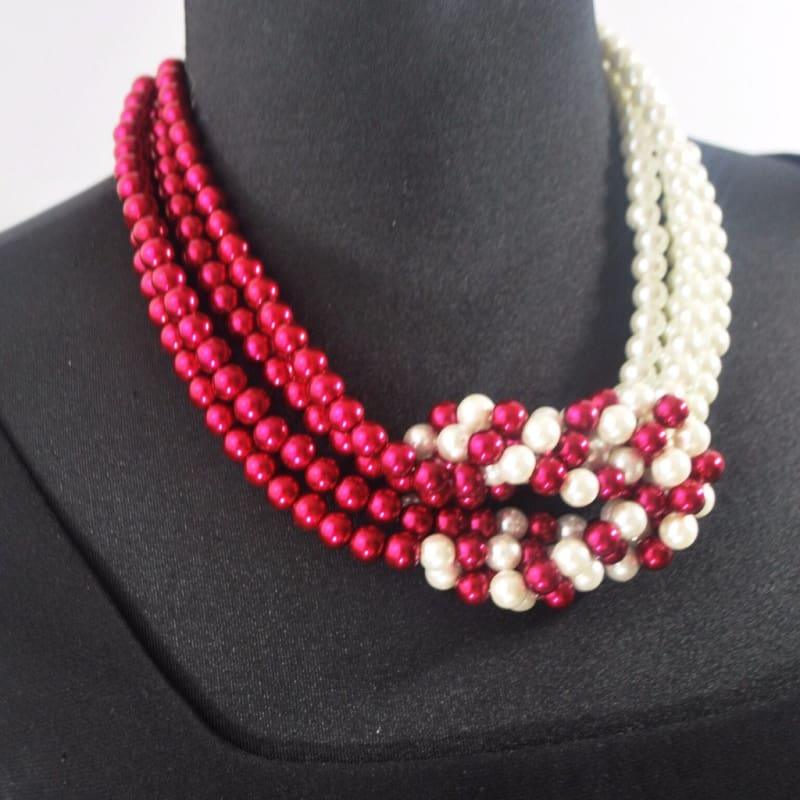 Red and White Interlocking Pearls Necklace - Handmade