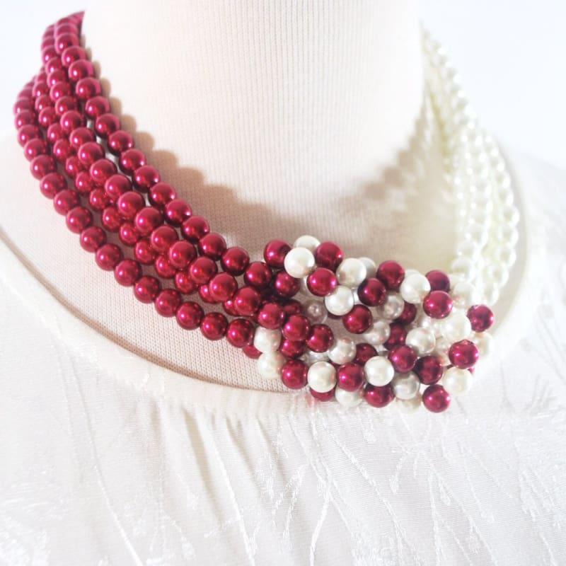 Red and White Interlocking Pearls Necklace - Handmade