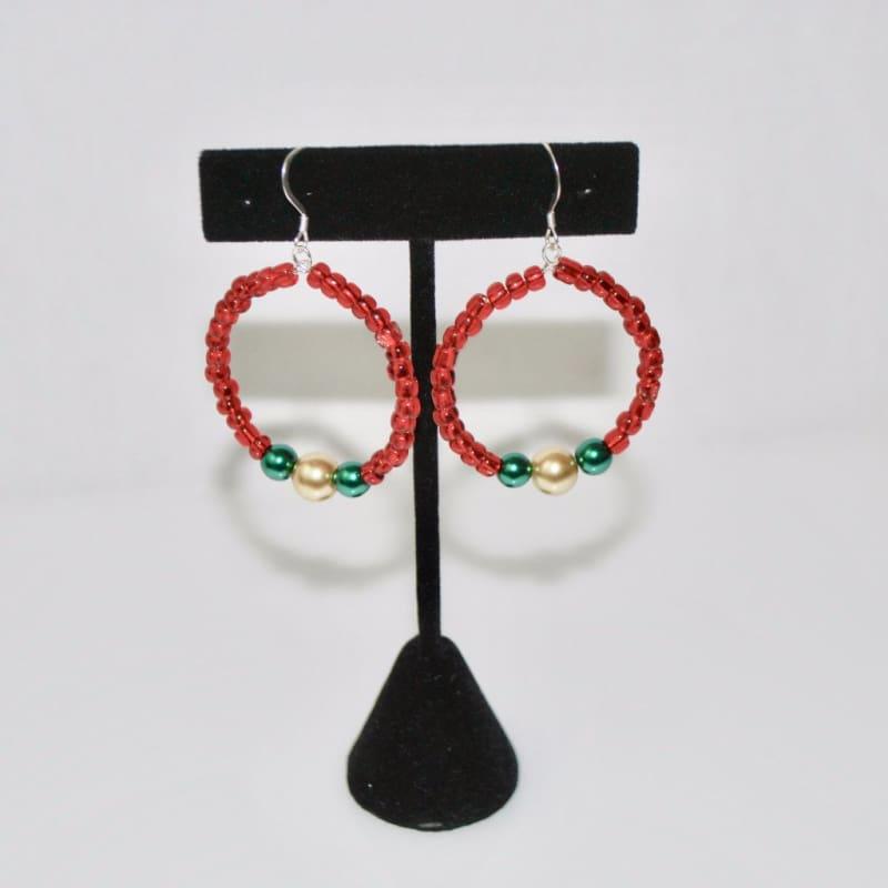 Red Beaded Hoop Earrings - Earrings