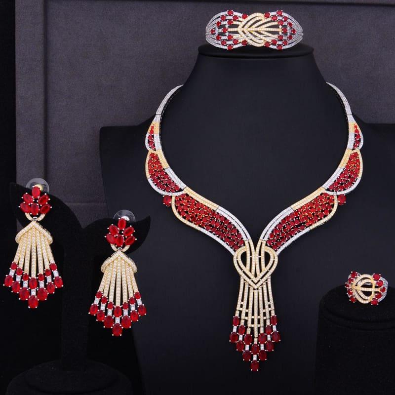 Red Butterfly Flower 4PCS Wedding Zircon Crystal CZ Bridal Lariat Necklace Jewelry Set - Jewelry Set