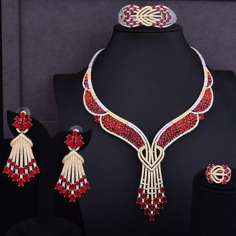 Red Butterfly Flower 4PCS Wedding Zircon Crystal CZ Bridal Lariat Necklace Jewelry Set - Jewelry Set
