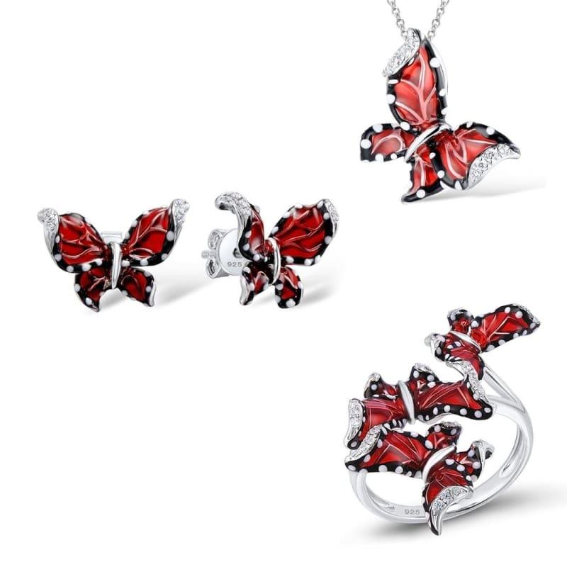 Red Butterfly White CZ Ring Earrings Pendant 925 Sterling Silver Fashion Jewelry Set - 6 - Jewelry Set