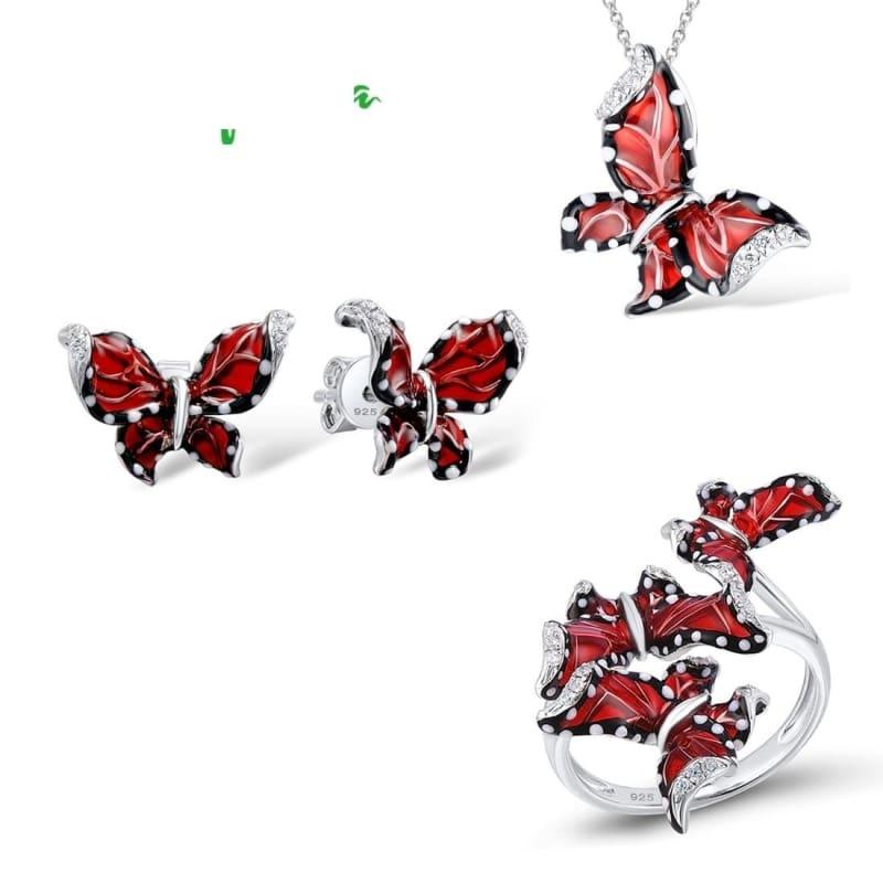 Red Butterfly White CZ Ring Earrings Pendant 925 Sterling Silver Fashion Jewelry Set - Jewelry Set