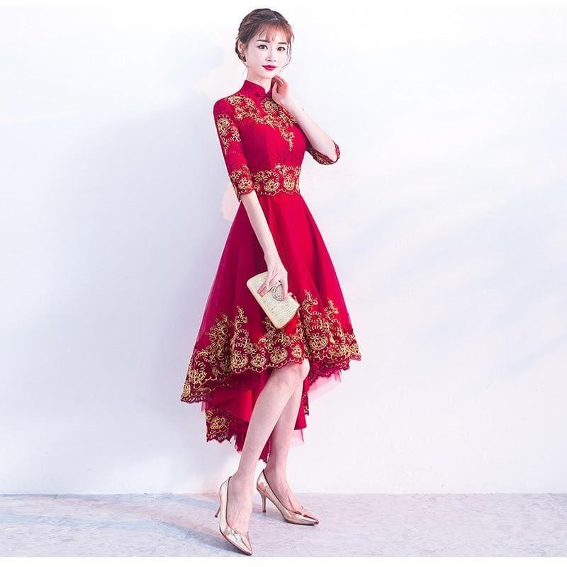 Red Cheongsam Dress Sexy Lace Qipao Women Traditional Chinese Oriental Style Evening Midi Dress - Gown