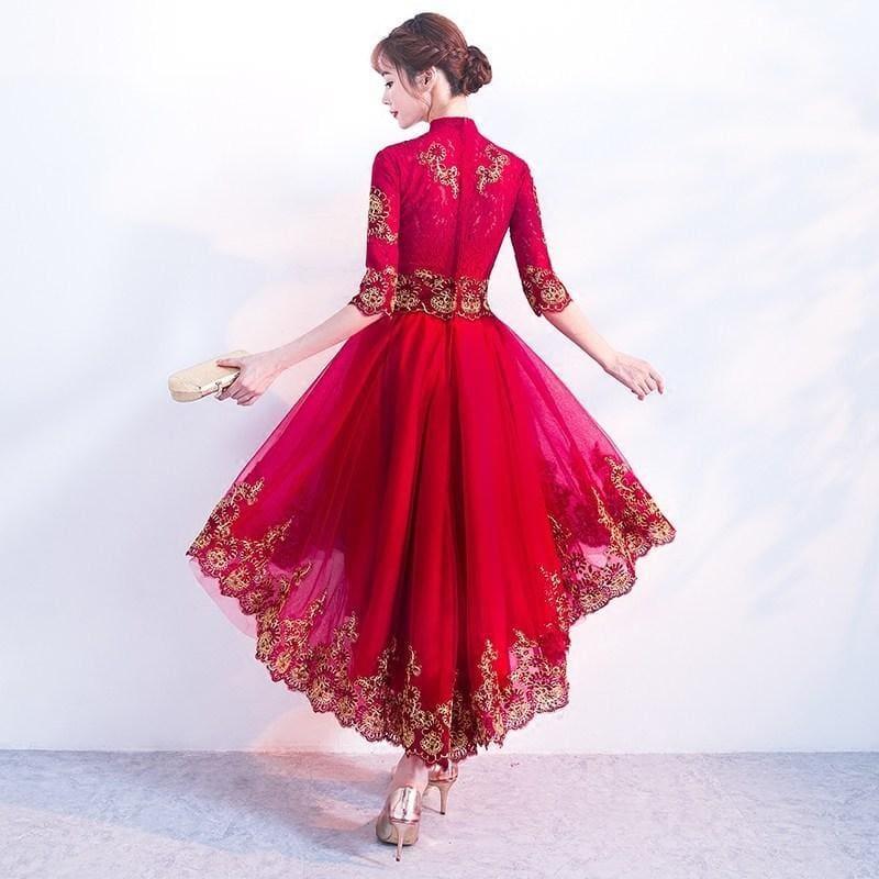 Red Cheongsam Dress Sexy Lace Qipao Women Traditional Chinese Oriental Style Evening Midi Dress - Gown