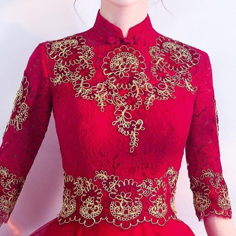 Red Cheongsam Dress Sexy Lace Qipao Women Traditional Chinese Oriental Style Evening Midi Dress - Gown