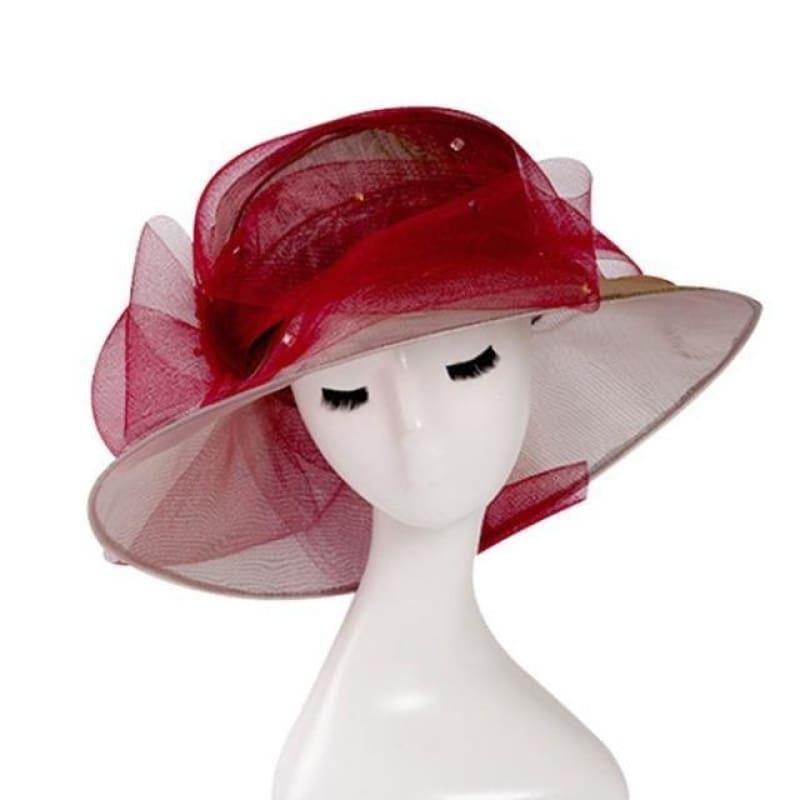 Red Elegant Organza Wide Brim Church Large Kentucky Derby Big Bow Hat - hats