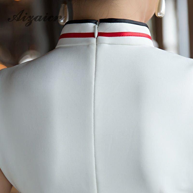 Red Flower Cheongsam White Long Qipao Traditional Dress Oriental Style Maxi Dress - Maxi Dress