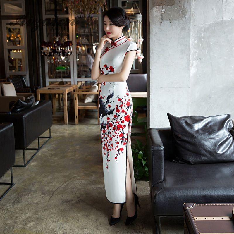 Red Flower Cheongsam White Long Qipao Traditional Dress Oriental Style Maxi Dress - Maxi Dress