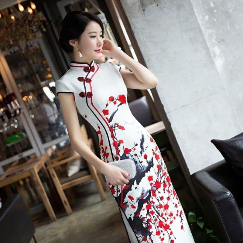 Red Flower Cheongsam White Long Qipao Traditional Dress Oriental Style Maxi Dress - Red / S - Maxi Dress