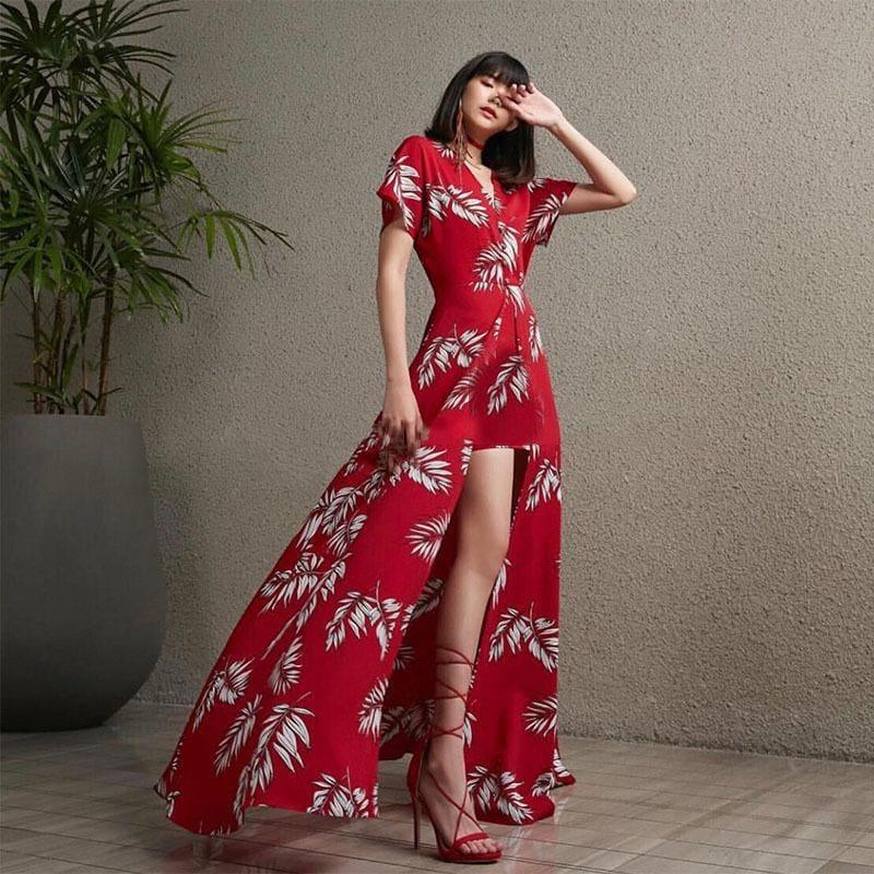 Red Flower Print V Neck Short Sleeve High Waist Side Split Sexy Summer Maxi Dress - Maxi Dress