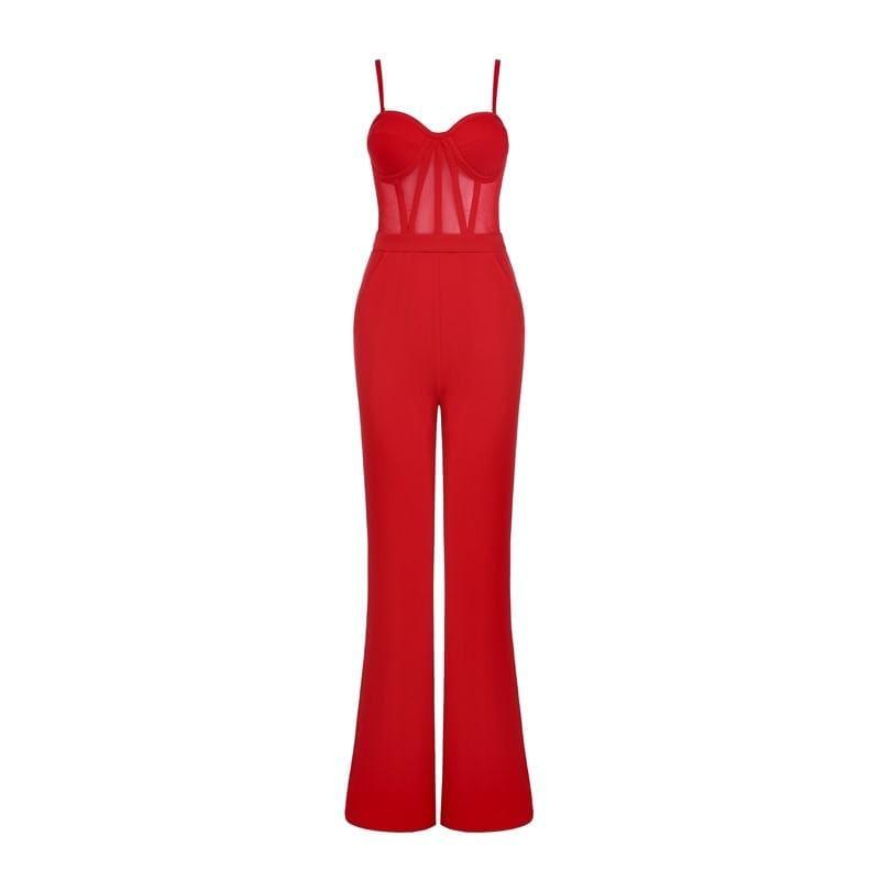 Red Formal Strap Backless Wide Leg Full Length Jumpsuit With Single Button Blazers - Jumpsuit