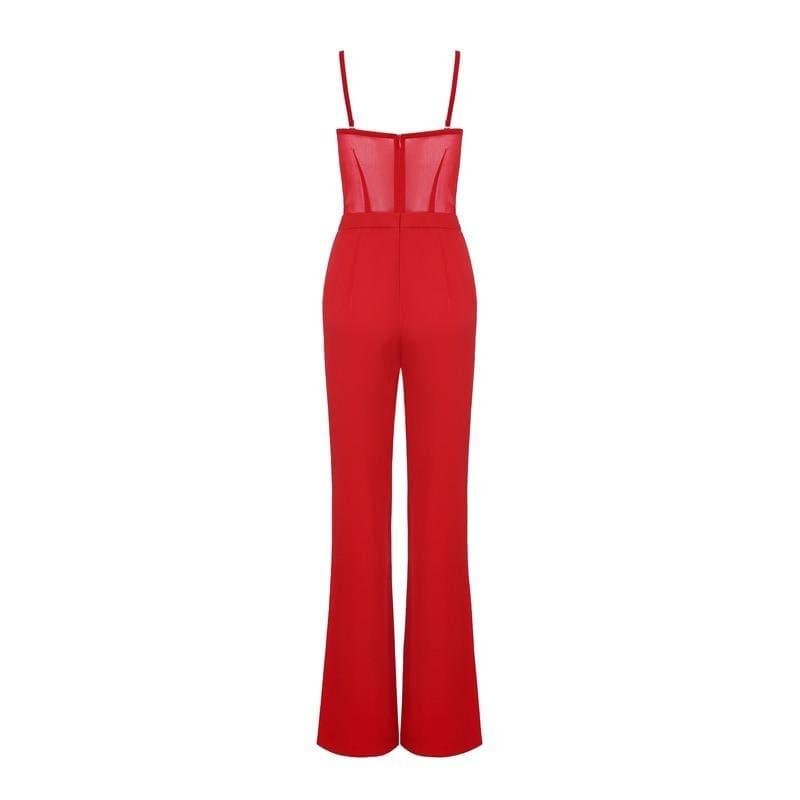 Red Formal Strap Backless Wide Leg Full Length Jumpsuit With Single Button Blazers - Jumpsuit