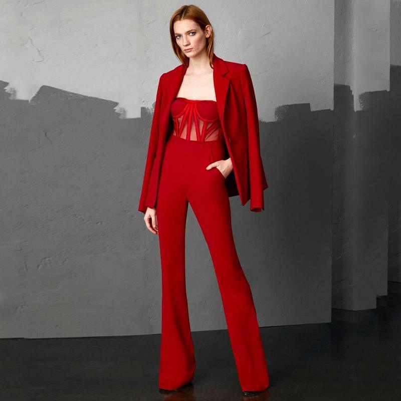 Red Formal Strap Backless Wide Leg Full Length Jumpsuit With Single Button Blazers - Jumpsuit