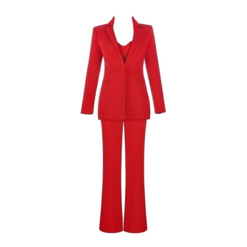 Red Formal Strap Backless Wide Leg Full Length Jumpsuit With Single Button Blazers - Red / XS - Jumpsuit