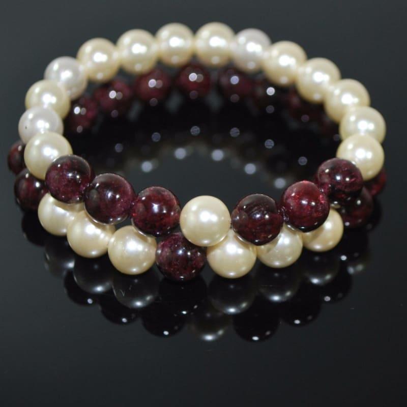 Red Garnett And Cream Shell Pearls Double Strands Bracelets - Handmade