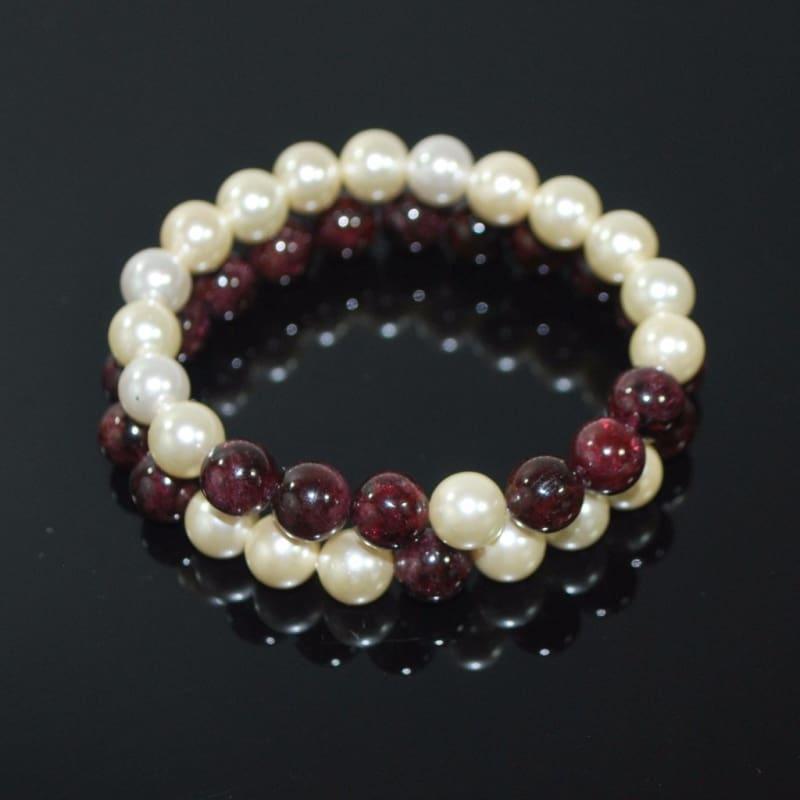 Red Garnett And Cream Shell Pearls Double Strands Bracelets - Handmade