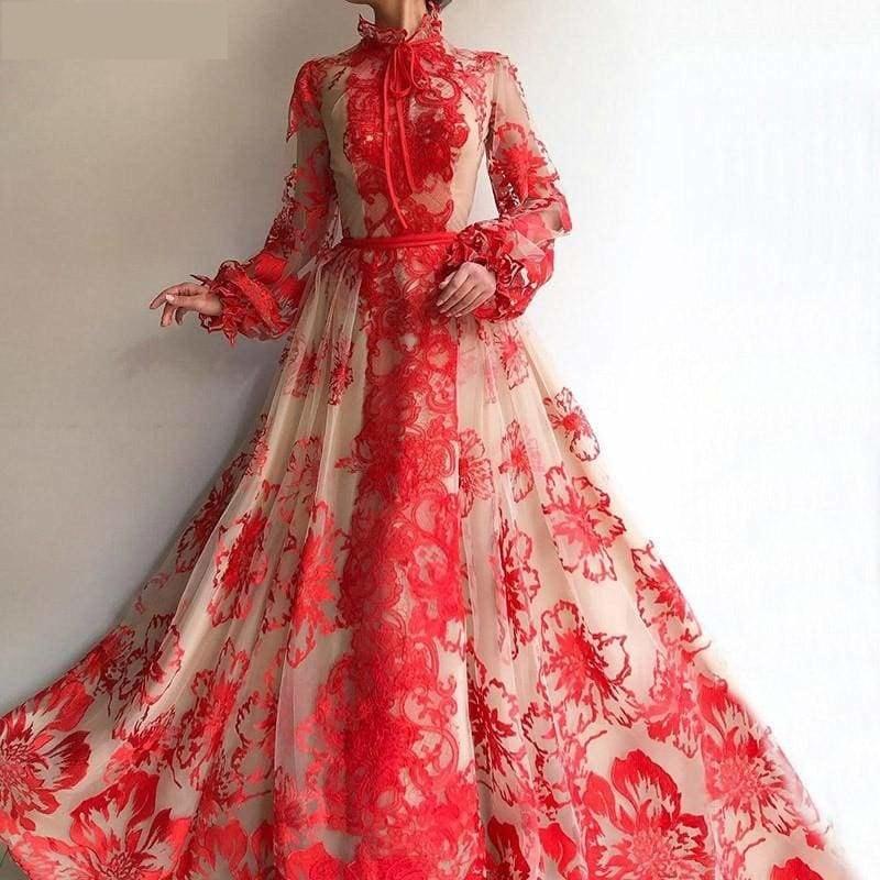 Red High Collar Long Sleeves Handmade Flowers Evening Ball Prom Gown Floral Dress - Gown