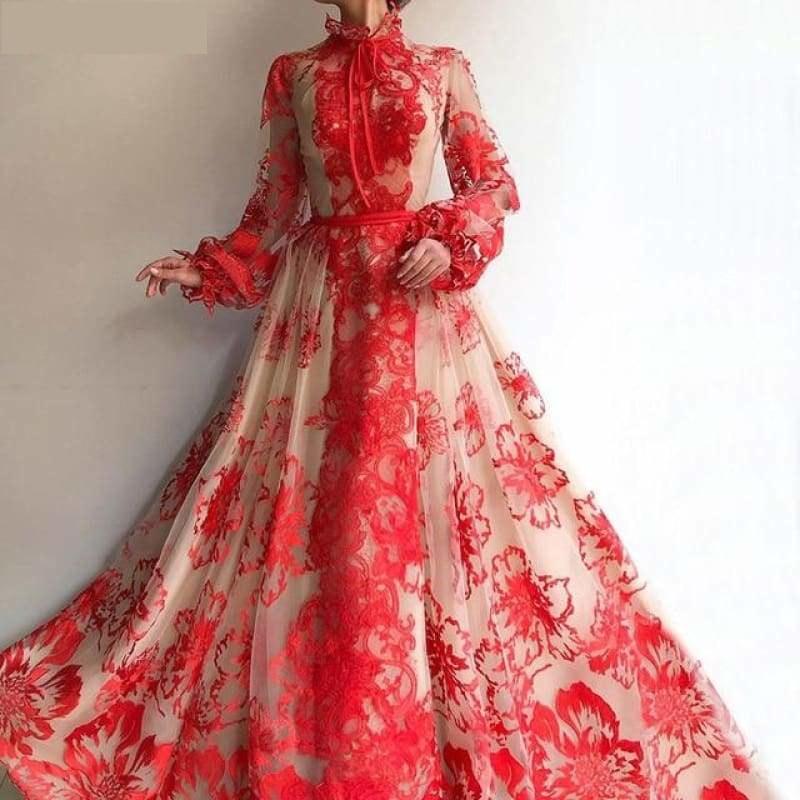Red High Collar Long Sleeves Handmade Flowers Evening Ball Prom Gown Floral Dress - Red / 2 - Gown
