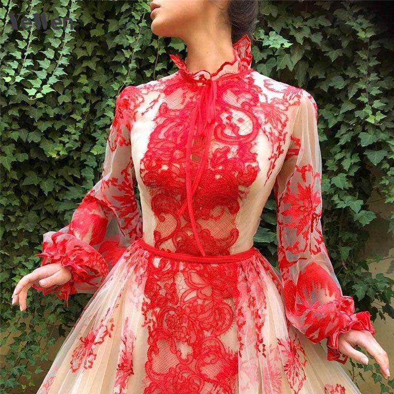 Red High Collar Long Sleeves Handmade Flowers Evening Ball Prom Gown Floral Dress - Gown