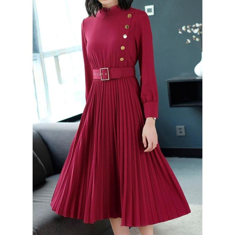 Red Hot Spring New Arrival Stand Collar Waist A Patterned Pleated Buttoned Collar Belt Midi Dress - Midi Dress