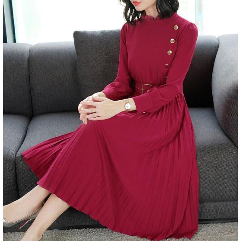 Red Hot Spring New Arrival Stand Collar Waist A Patterned Pleated Buttoned Collar Belt Midi Dress - Midi Dress