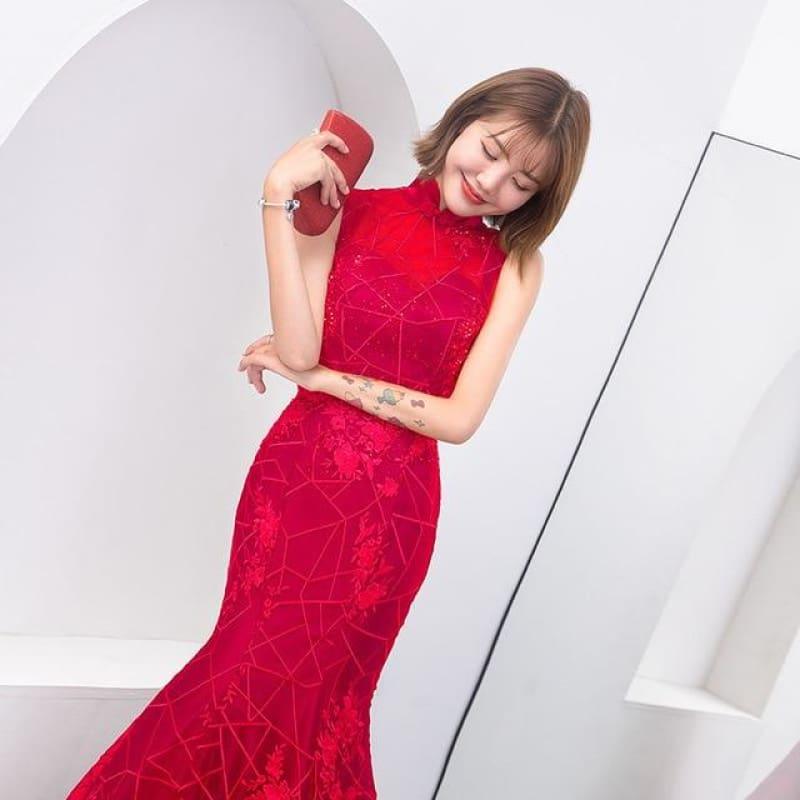 Red Mermaid Long Chinese Traditional Retro Cheongsam Lace Qipao Wedding Dress - cardinal / XS - Gown
