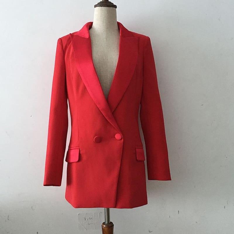 Red Satin Single Breasted Long Blazer Jacket Mini Dress - Mini Dress