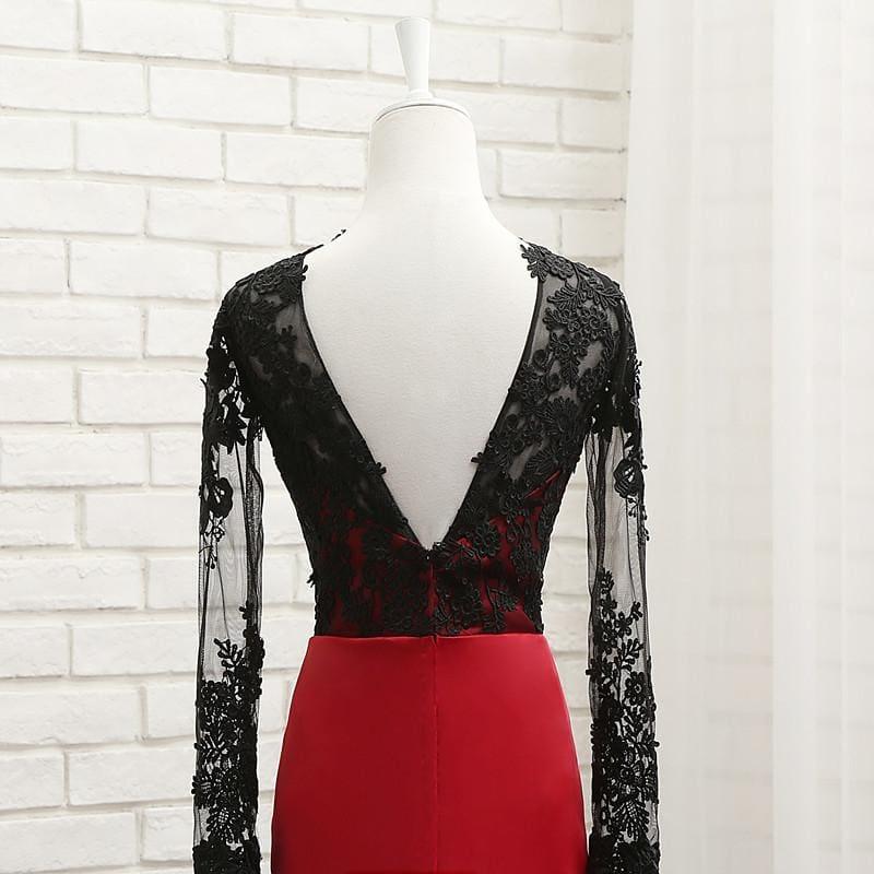 Red Satin With Black Lace Long Sleeve Evening Dress - Gown