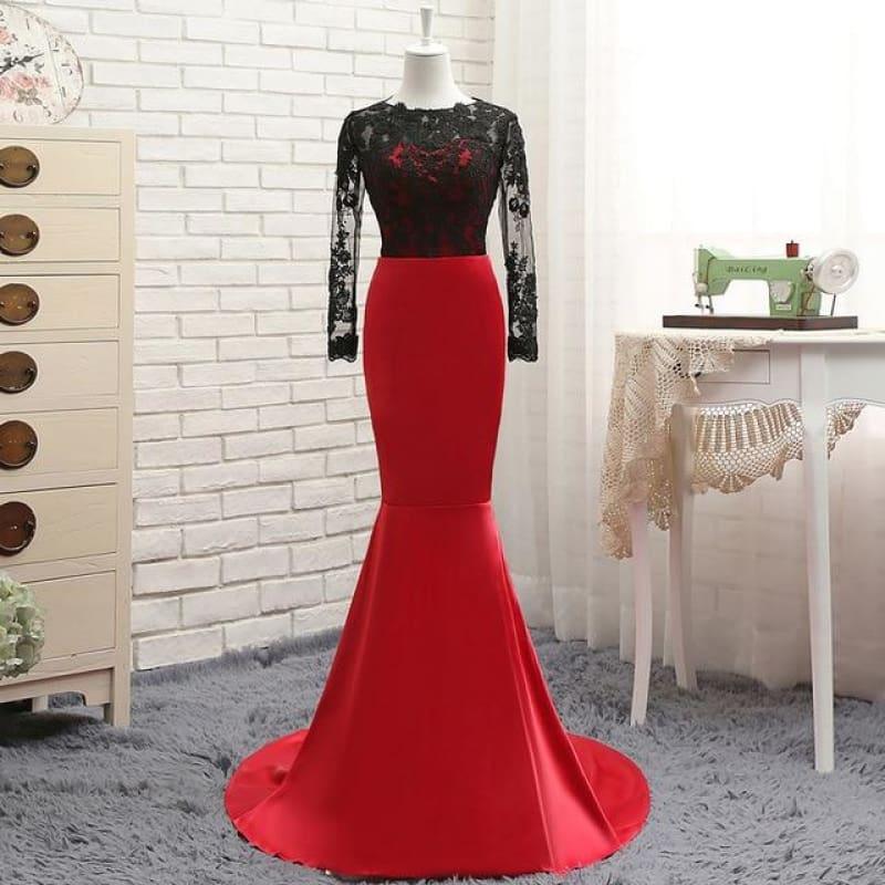 Red Satin With Black Lace Long Sleeve Evening Dress - Gown